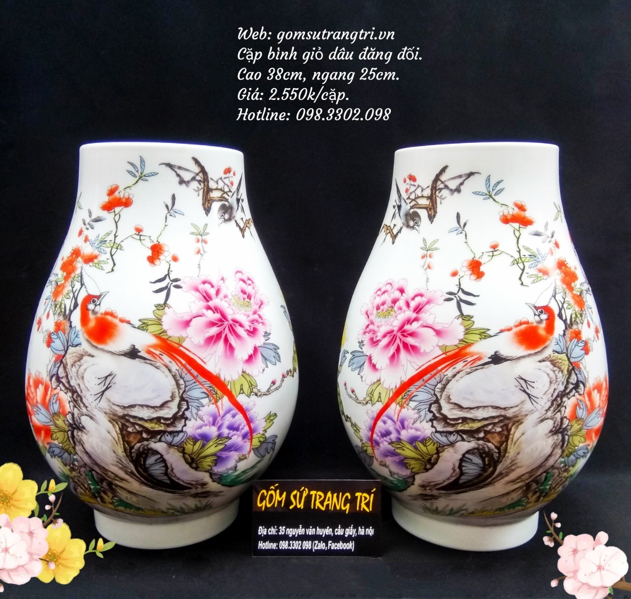 Bình dáng giỏ dâu họa tiết chim hoa đăng đối